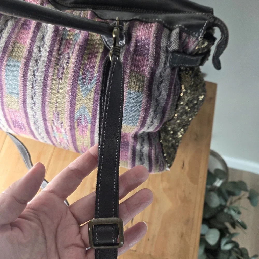 Caterina Lucchi Italy Leather Tapestry Sequin Boho Tote Shoulder Bag Fringe